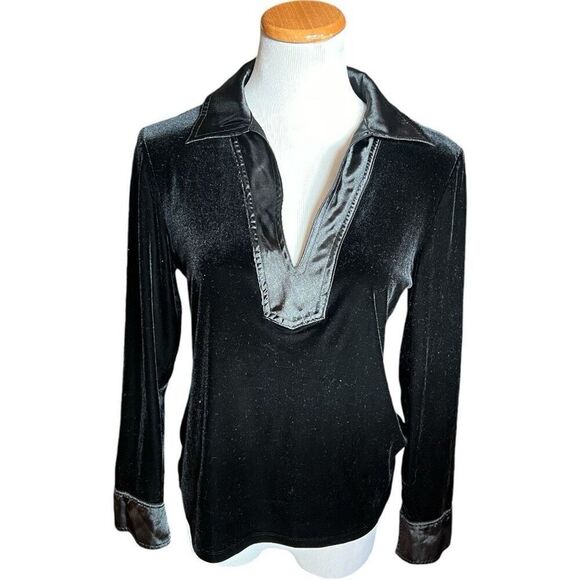 Petite Sophisticate Tops - Womens Vintage Petite Sophisticate Crushed Velvet Mixed Media Long Sleeve Top  L